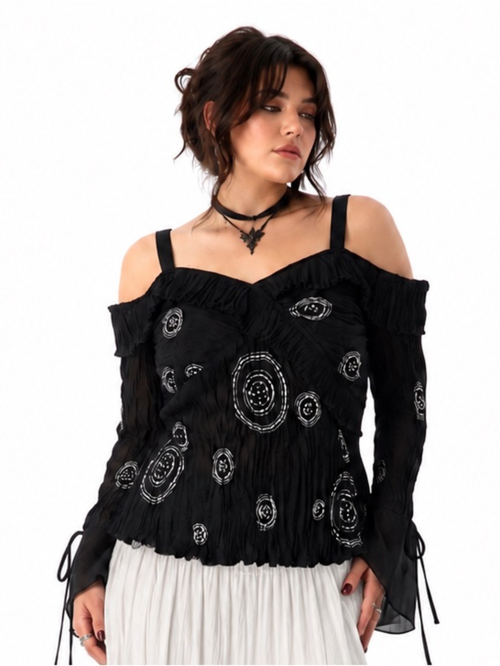 Vintage Y2K Kaelyn-Max Black Sheer Corset Lace-Up Bell Sleeve Blouse circles  XL